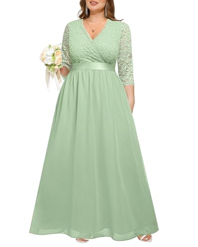 Image of Pinup Fashion Wedding Dresses for Bride Plus Size - Formal Evening Gown Wrap Neck Lace Chiffon Long Dress