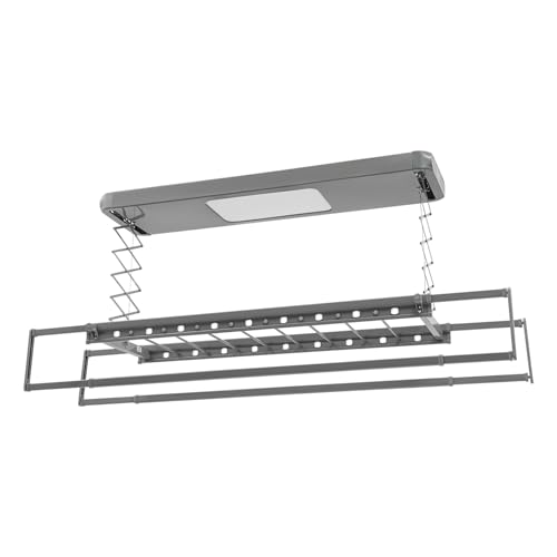 Gdetnysty Secadora de ropa eléctrica con mando a distancia, iluminación LED, 8 barras transversales, plegable, automático, montaje en techo, carga de 35 kg, para balcón, cuarto de baño, color gris