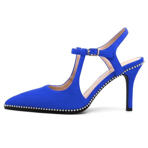 Image of SAMMITOP Womens High Heels Ankle Strap Pointed Toe Stilettos Patent Leather Beaded Pumps Dress Shoes 3.5 Inch