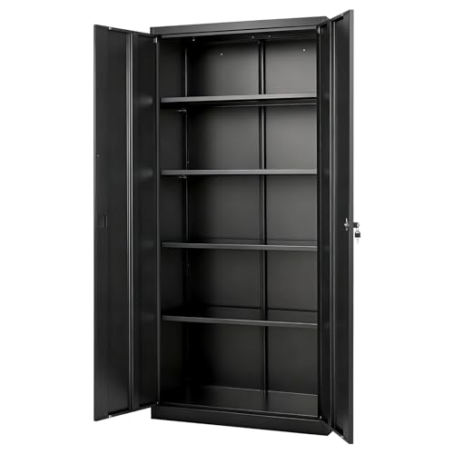 VEVOR Metal Storage Cabinet, Lockable Steel Garage Cabinet with Magnetic Doors and Adjustable Shelves, 2 Keys, 5-Tiers Tall Tool Locker for Home, Office, School, Pantry, Warehouse, Laundry, Black by VEVOR - Used condition - Image 3