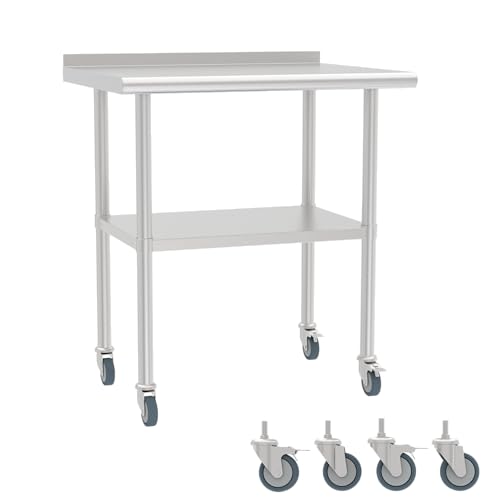 STEELBUS Stainless Steel Table (Backboard Table+Casters, 24 x 30 Inch)