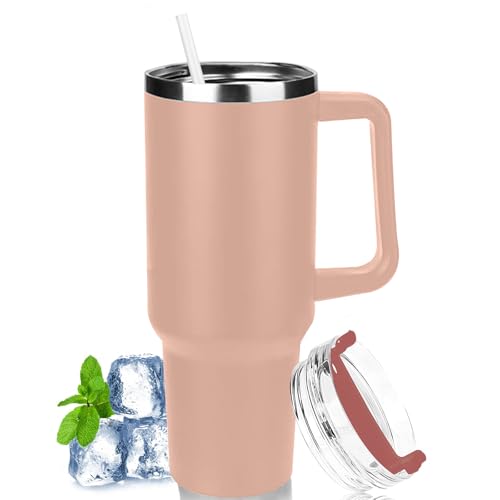 Gobelet Isotherme 1180 Ml Avec Paille Et Anse – PRAOAHEI – Acier Inoxydable Double Paroi – Anti-Fuite – Rose – Chaud 6h/Froid 13h