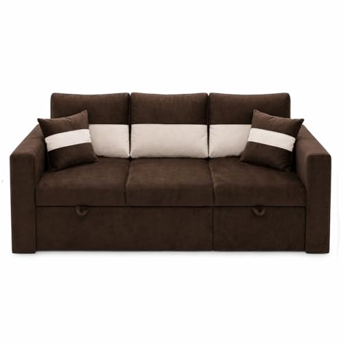 Image of FURNY Soria 4 Seater RHS Lounger Sofa Cum Bed (Dark Brown - Cream) with Pull-Out Function | Luxury Velvet Suede Finish | Durable Comfort | Ideal for Living Room
