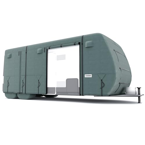 Extra-thick 4-Ply Top Panel & Extra 2Pcs Reinforced Straps, KING BIRD Deluxe Camper Travel Trailer Cover, Fits 27'- 30' RV Cover -Breathable Water-repellent Anti-UV with Storage Bag&Tire Covers