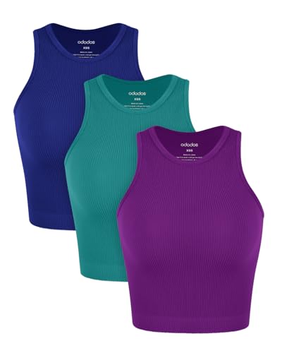 Image of ODODOS 3-Pack Seamless Crop Tank for Women Ribbed Soft High Neck Cropped Tops