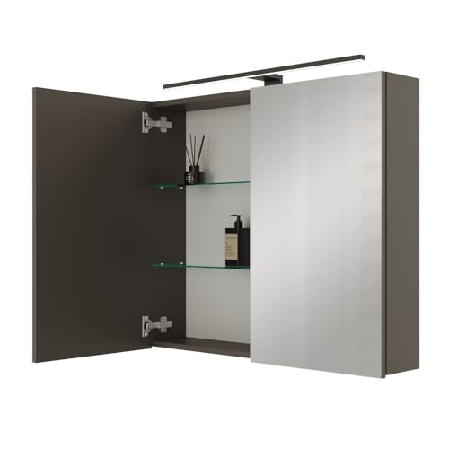 Planetmöbel ARIA Spiegelschrank Bad mit Beleuchtung 80 cm breit | Badschrank hängend mit Spiegel | Anthrazit, mit Leuchte und Steckdose, Spiegelschrank Gäste WC 80 x 70 x 16 cm