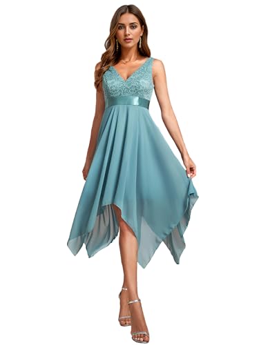 Ever-Pretty Womens V Neck Chiffon Lace A Line Homecoming Dress for Teens Blue US14