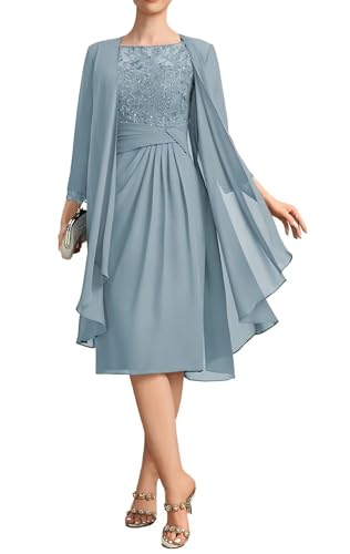 2 Pieces Chiffon Mother of The Bride Dresses Tea Length Lace Long Sleeve Formal Evening Dresses with Jacket