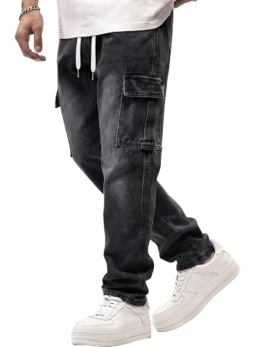 Image of JMIERR Men's Elastic Waist Cargo Jeans Stretch Denim Pants with Drawstring Straight Leg for Casual Daily Wear