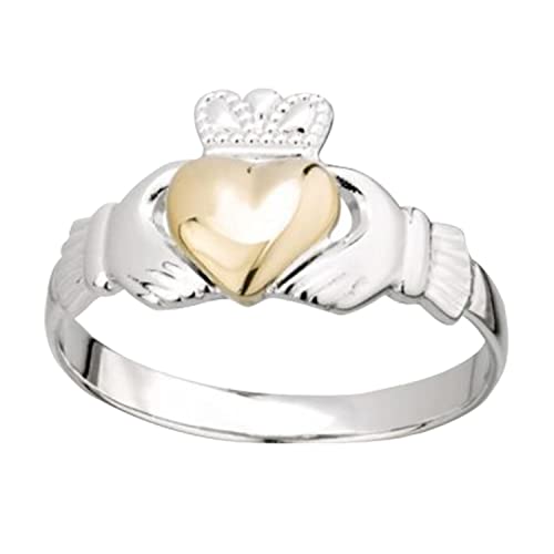 Biddy Murphy Irish Claddagh Friendship Ring, 925 Sterling Silver & 10k Gold, Imported Celtic Jewelry,Size 6.5