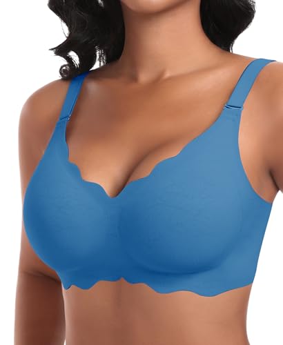 Ganado Damen Nahtloser BH Ohne Bügel Tiefem V-Ausschnitt gewellte Ränder Push Up BH Bralette Soft Bequem BHS Bügellos Bustier (Blau-Doppel Vorderwelle, S)