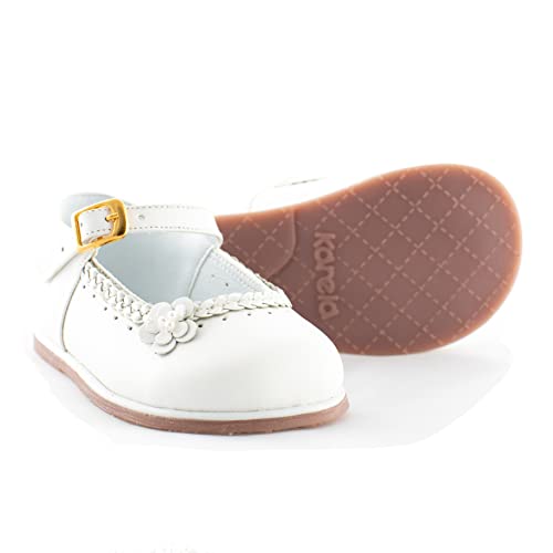 White Leather Baby Girl Mary Jean Shoes - Flowers Design - Non Slip Sole, Easy Cleaning - Comfortable & Anatomic - Walking, Dress & Party Shoes for Baby Girls