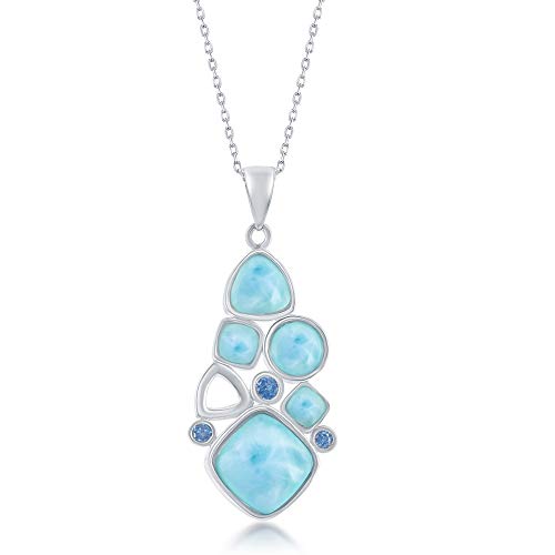 Beaux Bijoux Multi-Shaped Caribbean Natural Larimar Gemstone and Blue Cubic Zirconia Sterling Silver Pendant 18’’ Necklace Jewelry for Women or Teens