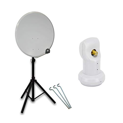 PremiumX Mobile Camping SAT Anlage 45cm Hellgrau Satelliten-Schüssel Antenne Single LNB 4K Dreibein-Stativ