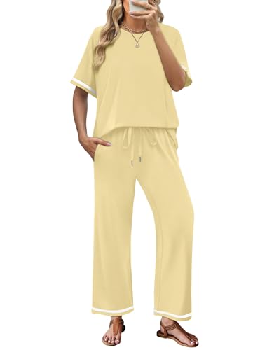 Desol Damen Zweiteiler Sommer Outfits Jogginganzug Trainingsanzug Tracksuit Freizeit Kurzärmeliger Und Langbeiniger Anzug Jogginghosen Loungewear Hausanzug Damen Set mit Taschen Beige XXL