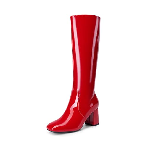 DREAM PAIRS Women's Gogo Boots Square Toe Side Zipper Chunky Heel Knee High Boots For Women,Size 8,Red,DWUMKB2517