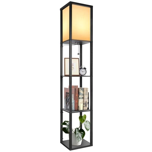 KIAMPON Lámpara de Pie de Madera con 3 Estantes, Luce de Pie de Salón Bombilla y Pantalla de Protección Ocular Incluidas, 3000K-5000K Moderna Lámpara Vertical Negra para Dormitorio Salón Oficina