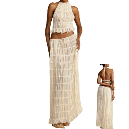 Two Piece Maxi Skirt Sets for Women Summer Backless Halter Beach Cami Top Long Skirt Going Out Set 2 Piece Outfits Spring
