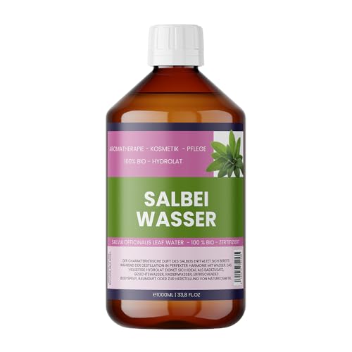 Agua de salvia orgánica – 100 % pura – Salvia officinalis Leaf Water – Tónico facial y spray corporal – Vegano, sin alcohol, sin aditivos – Nakobe (1000 ml)