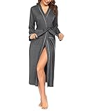 Ekouaer Bademantel Damen Lang Morgenmantel Kimono Frauen teenager mädchen Leichter Saunamantel mit Taschen Baumwolle V Ausschnitt Winter Reisebademantel S-XXL Mittelgrau XL