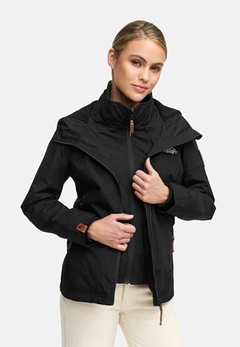 MARIKOO leicht gefütterte Damen Übergangsjacke kurze Sommerjacke mit kuscheligem Fleece-Innenfutter und großer Kapuze Erdbeere Black2 Gr. S