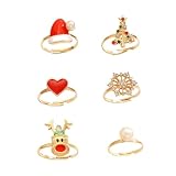 Yukymui Christmas Rings Set for Women 6Pcs Christmas Tree Snowflake Bow Santa Claus Reindeer Candy Cane Ring Jewelry Set (6B)