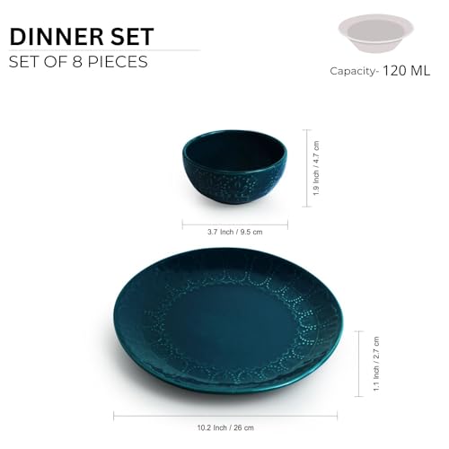 Image of ExclusiveLane 'Teal Forest' Hand-Glazed Ceramic Dinner Set Ceramic (8 Pieces, Serving for 4, Microwave Safe)|Dinnerware Set Dinner Plates for Dinner Plates and Bowls Set Plate for Dinner