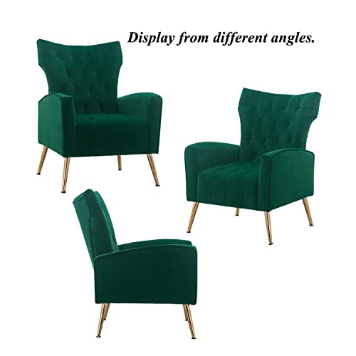 Altrobene Velvet Accent Chair Modern Wingback Comfy Chair Tufted Reading Armchair With Gold Legs For Living Room/Bedroom, Green #TOP6