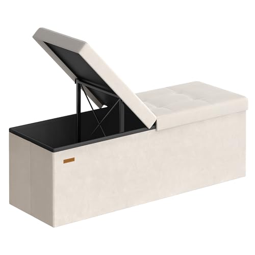 SONGMICS Sitzbank mit Stauraum, Sitztruhe, Aufbewahrungsbox, 38 x 110 x 38 cm, Deckel klappbar, bis 300 kg belastbar, Flur Wohnzimmer Schlafzimmer, Samt, cappuccinobeige LSF078LH01