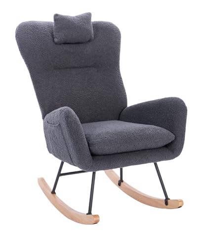 BJZHH Suitable for Living Room Bedroom Teddy upholstered Baby Rocking Chair, Comfortable, Strong, Durable, Lightweight, Easy to take Care of, The (Dark Grey)