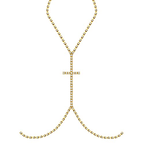 Ronglry Sexy Body Chains Rhinestone Bra Belly Chain Shiny Crystal Chest Chains Gold Silver Crossover Waist Chain Beach Bikini Body Chains For Women Girls Cross Gold #TOP27