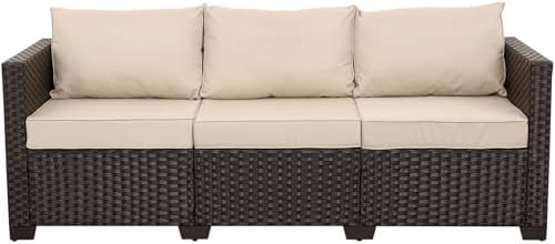 WAROOM Patio Couch PE Rattan 3-Seat Outdoor Sofa Brown Wicker Furniture Set Deep Seating with Anti-Slip Beige Cushion