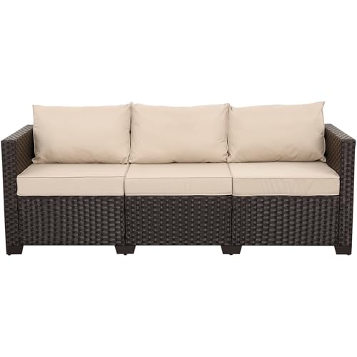 WAROOM Patio Couch PE Rattan 3-Seat Outdoor Sofa Brown Wicker Furniture Set Deep Seating with...