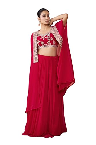 Image of madhuram textiles Women's Georgette Skirt And Crop Top With Long Koti Set For Solid With Embroidery Work Skirt Set(M-2515 Pink)