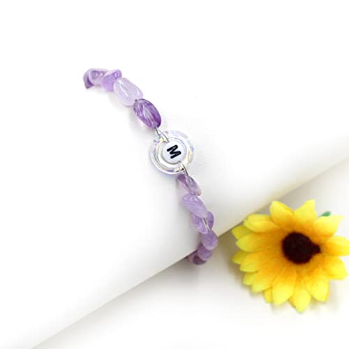 Image of Uloveido Purple Natural Stone and Austrian Crystal Letter Bracelet, Personalized Initial Jewelry for Women A-Z 26 Letters