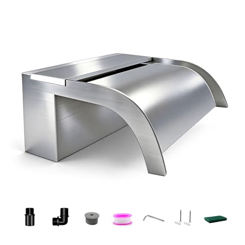 LONGRUNNEW Pond Waterfall Blade Kit, 30cm Stainless Steel Pool Fountain with lid&Accessories, Width 20cm Curved Outlet Spillway for Garden Patio Pond Decoration