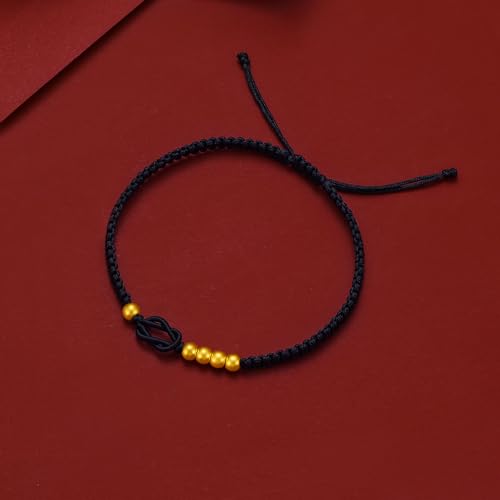 24K 999 Solid Gold Bracelet Round Bead Gold Charm Black Braided Bracelet for Women Men Couple Lover Jewelrys Valentine Anniversary Birthday 7.1-9.4"4