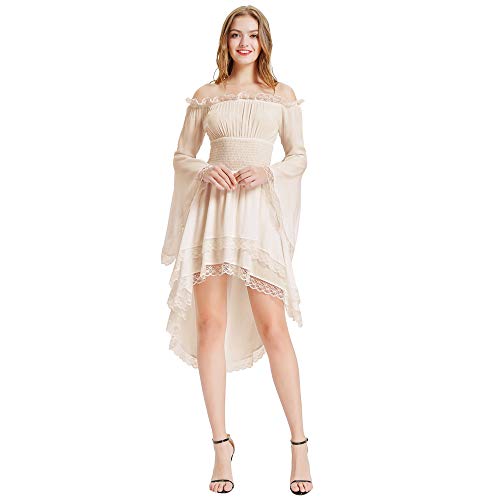 KANCY KOLE Women Gothic Steampunk Retro Bell Sleeve Victorian Lace-up Ruffled Long Dress Apricot(89-3) XL steampunk buy now online