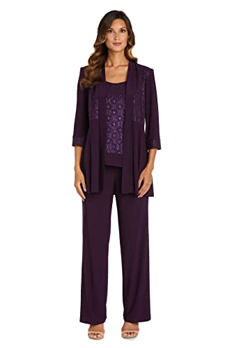 R&M Richards Women's Plus Size Two Piece Glitter And Lace Pant Set Large,  Plum, 16W #TOP19