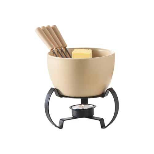 Generico Set Fonduta Cioccolato - Pentola Fonduta Ceramica con 4 Forchettine Acciaio Inossidabile E Scaldaburro 450ml | per Sciogliere Formaggio, Cioccolato E Crema | Ideale Feste, Compleanni, P
