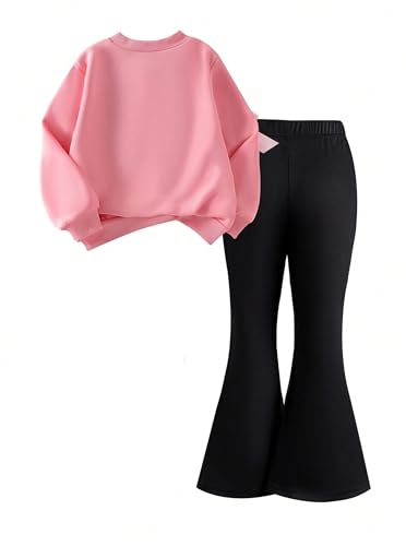 Image of Girls 2 Piece Outfits Long Sleeve Crew Neck Bow Sweatshirt Top and Flare Pants Set