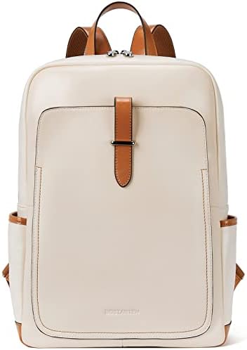 BOSTANTEN Leather Laptop Backpack for Women,15.6 inch Computer Backpack Purse College Daypack Work Travel Bag Beige-White