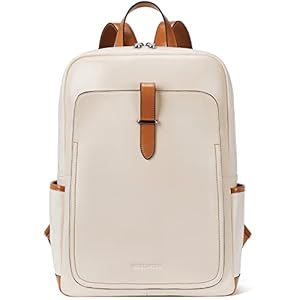 BOSTANTEN Leather Laptop Backpack for Women,15.6 inch Computer Backpack Purse College Daypack Work Travel Bag Beige-White