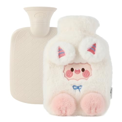 FYting Bolsa Agua Caliente,800ml Botella De Agua Caliente Niños,Abrigo ExtraíBle, Calienta y Alivia el Dolor, Adecuado Para Niños, Novias, Familia, Para Navidad, Halloween, Cumpleaños(Cabra Blanca)