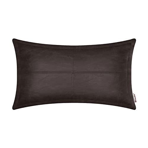 BRAWARM Piped Faux Leather Throw Pillow Cover 12x20 Inches, Coffee, 1 PC
