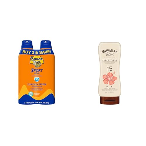 Banana Boat Sport Ultra SPF 30 Sunscreen Spray Twin Pack and Hawaiian Tropic Sheer Touch Ultra Radiance Lotion Sunscreen SPF 15, 8oz