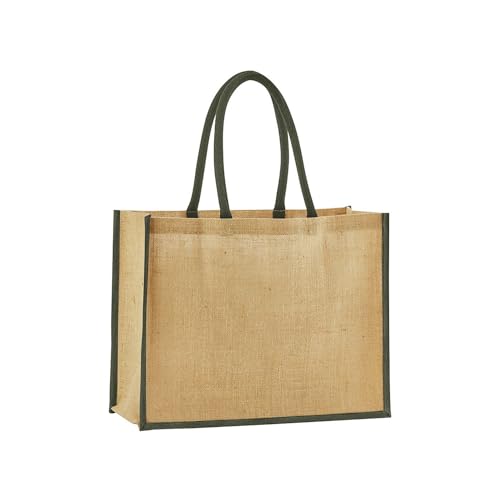 Image of Westford Mill - Natural Starched Jute Classic Tote Bag - Natural/Olive Green Tote bag - Bag for men & for women - One Size - shopper bag, travel bag, gym bag