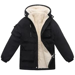 Winter Kids Boys Snow Coats Black Puffer Jacket Hooded Clothes Fleece-Lined Wear