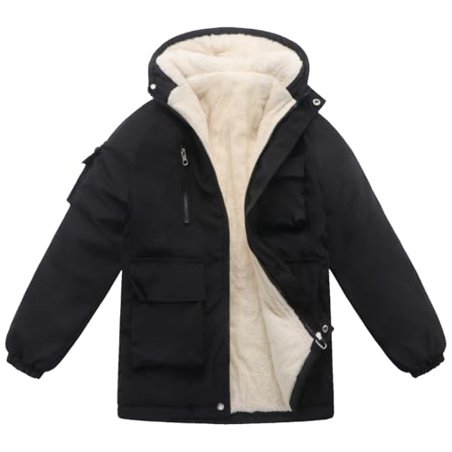 Winter Kids Boys Snow Coats Black Puffer Jacket Hooded Clothes Fleece-Lined Wear