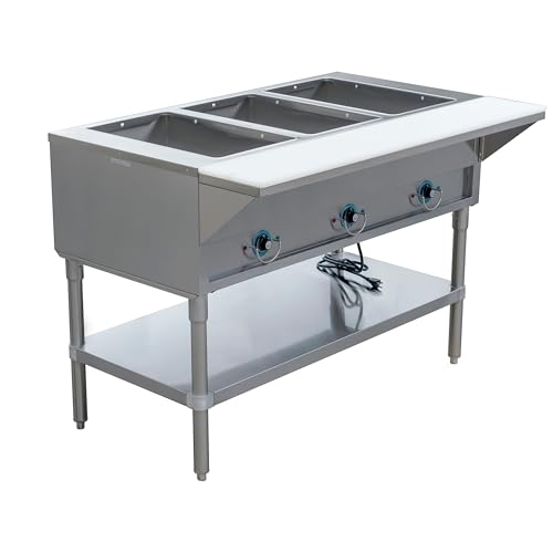 fse 373-est-3sw stainless steel electric steam table with 3 wells 30-58 x 48 x 34-38 poly cutting board and stainless steel undershelf